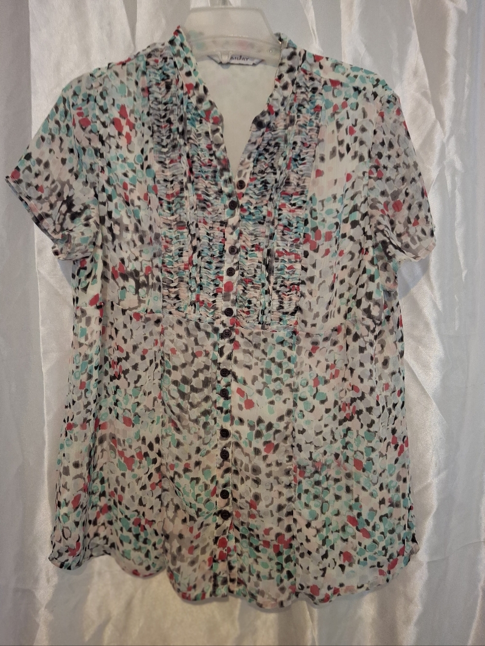 Cap Sleeve Blouse, Magenta, Light Green- Blue, Front Tuck Detail